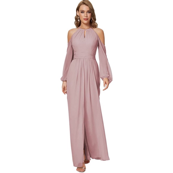 Women's Long Sleeve halter top Chiffon Bridesmaid Dress - Picture 2 of 6